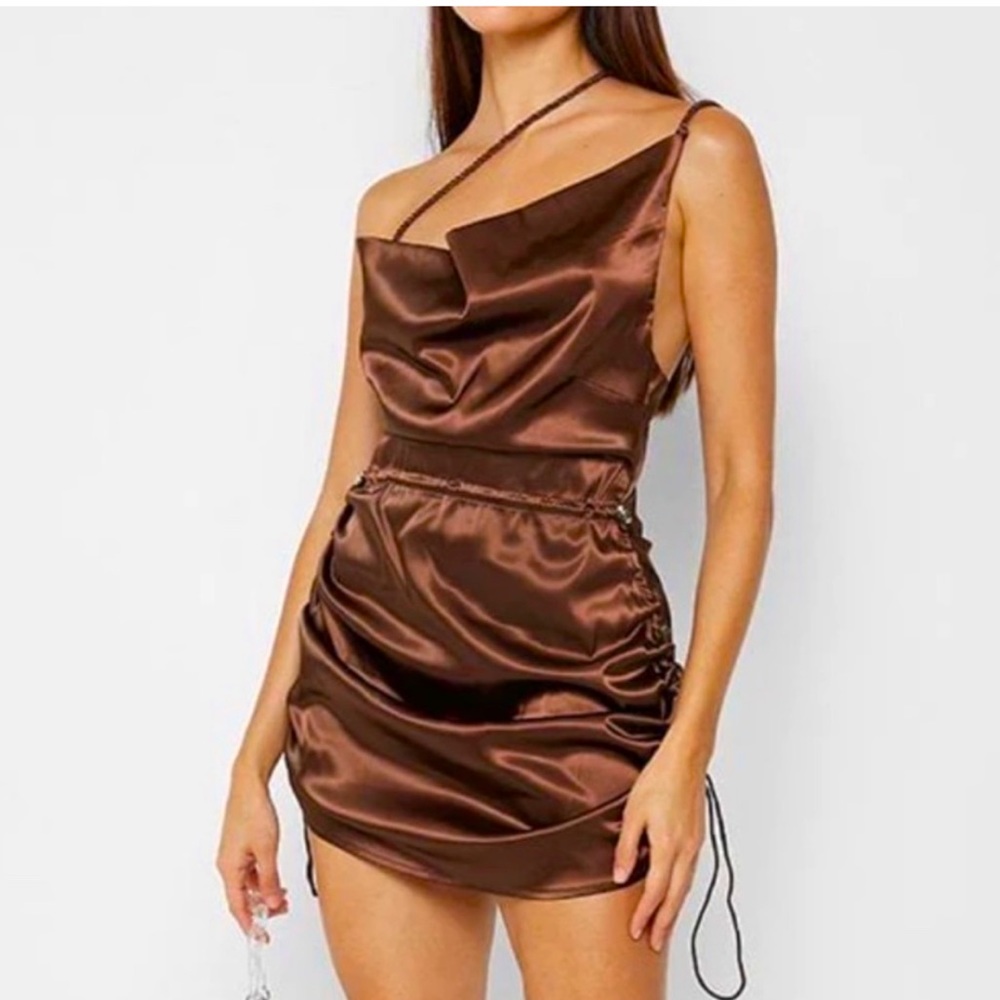 Beautiful synched brown satin dress